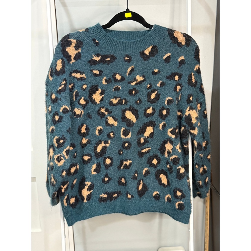 In Loom Leopard Print Balloon Sleeve Fuzzy Sweater Teal Tan Black S/M Whimsigoth